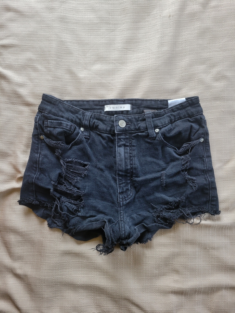 Eunina Lulu Faded Black Shredded Ripped Denim Cut Off Shorts